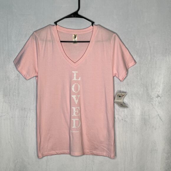 V-Neck Shirt Loved Pink Christian Inspirational Graphic T-Shirt New M - Picture 1 of 4